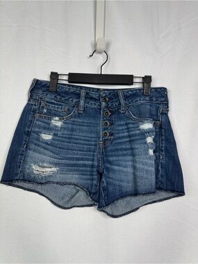 593. Abercrombie & Fitch Dark Wash Distressed Button-Fly Denim Shorts W26 L3